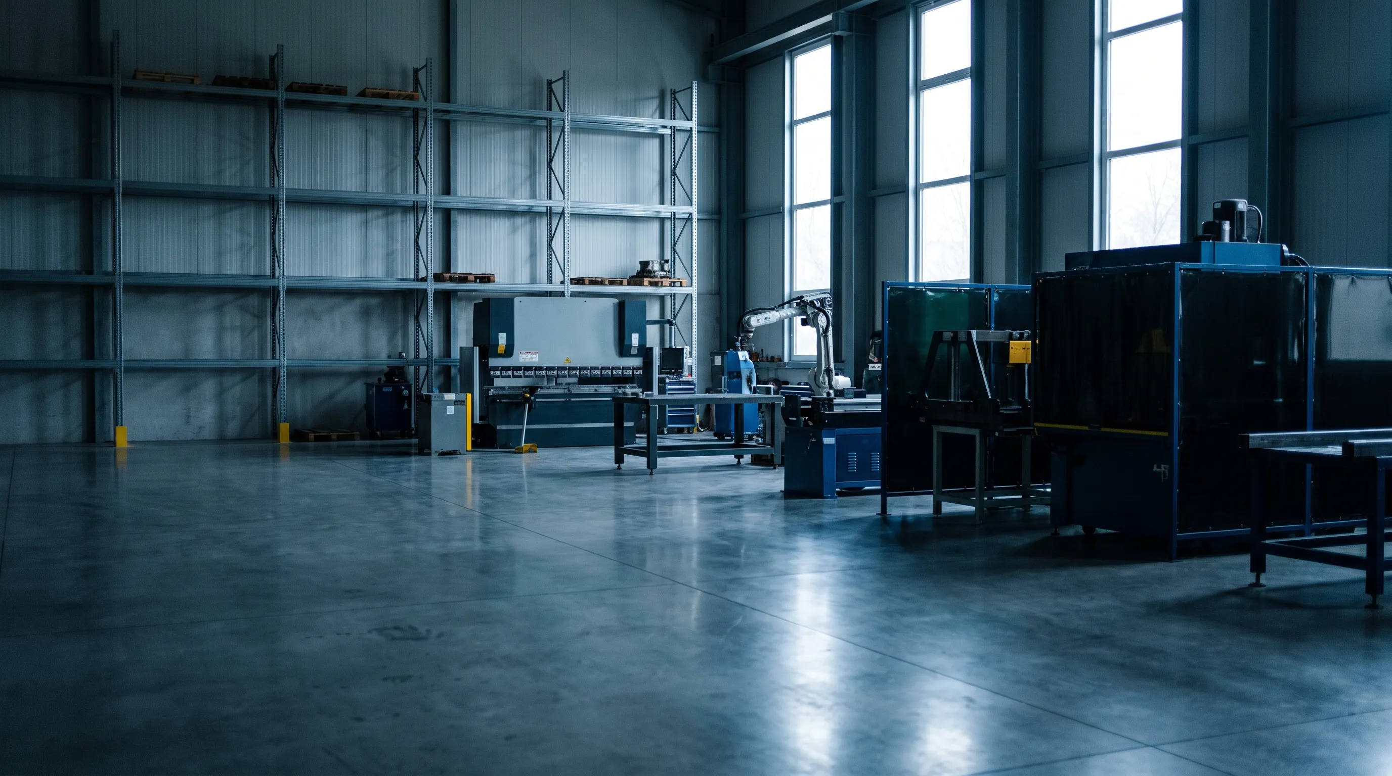 North American industrial equipment standing in a German distributor's warehouse, press brake and robot cell under north-light windows