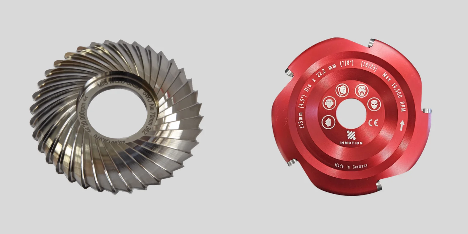 A solid-carbide milling disc with spiral teeth next to the red AluCarver disc body with five carbide inserts on its rim